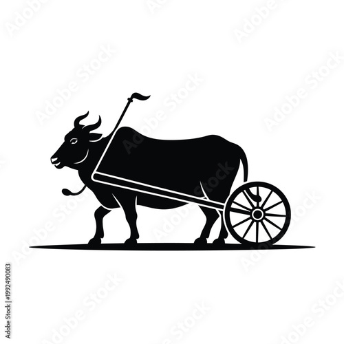 Black and white illustration of a water buffalo pulling a cart