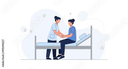 Nurse assisting patient on hospital bed, healthcare concept illustration