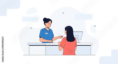 Nurse assisting patient at reception desk in clinic, medical consultation illustration