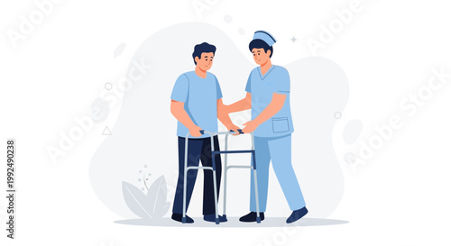 Nurse Assists Patient Walking with Walker, Rehabilitation and Healthcare Concept