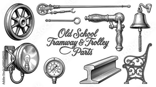 Vintage Engraving Style Tramway and Trolley Parts Vector Illustration Set