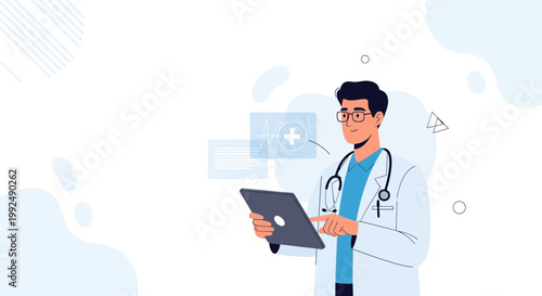 Doctor using tablet with medical data and heart rate on screen