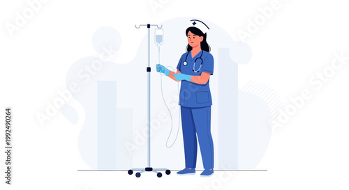 Nurse Administering IV Drip, Medical Care, Healthcare Illustration