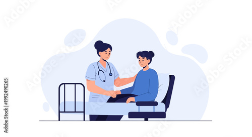 Nurse comforting patient in hospital bed, healthcare concept illustration