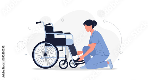Nurse assisting patient into wheelchair, healthcare concept