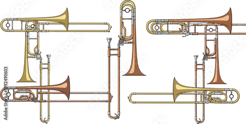 Trombone brass instrument collection set detailed orchestra musical equipment jazz band vector illustration isolated design elements