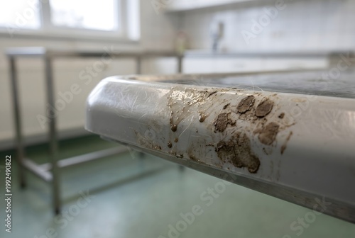 Close-up of veterinary scale edge with greasy animal oils and dried mud