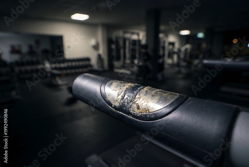 Close-up of housekeeping cart wheel guard with crusty floor wax and greasy mud