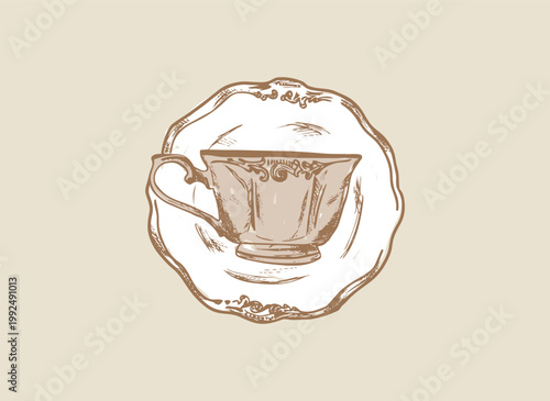 Vintage teacup with saucer engraving style illustration, pink retro porcelain cup line art vector. Illustration for invitations, stationery, or branding. Dinner icon for party invitations.