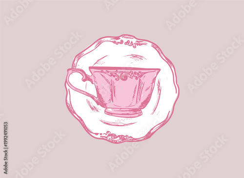 Vintage teacup with saucer engraving style. Illustration for invitations, stationery, or branding. Dinner icon for party invitations. Elegant whimsical artwork for tableware design, menus, branding