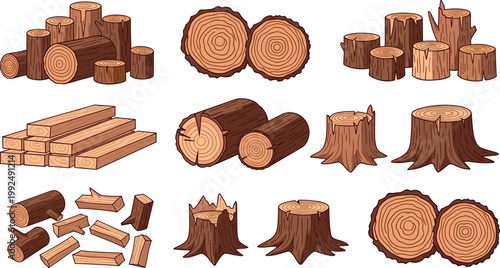 Wood logs and tree stumps collection set timber lumber pieces forest materials vector illustration isolated design elements