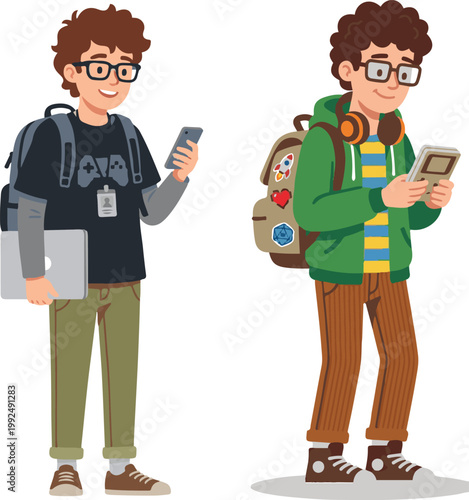 Cartoon illustration of two young male students with backpacks using smartphones, showcasing modern student lifestyle and casual fashion.