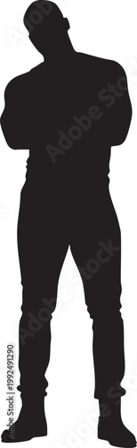 A male silhouette stands with arms crossed and head slightly tilted, suggesting thoughtful consideration or curiosity.