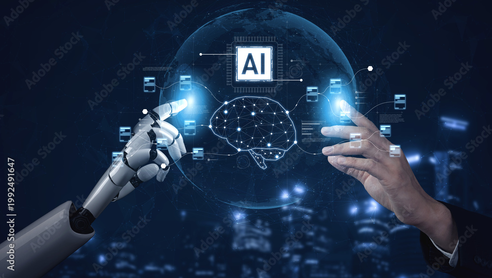 Obraz premium AI powers a neural network to process complex data streams, optimize learning models, and automate high-speed intelligent computing across networks Vouch