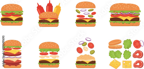 Burger collection set with ingredients and fast food hamburgers cheeseburgers vector illustration isolated design elements for menu