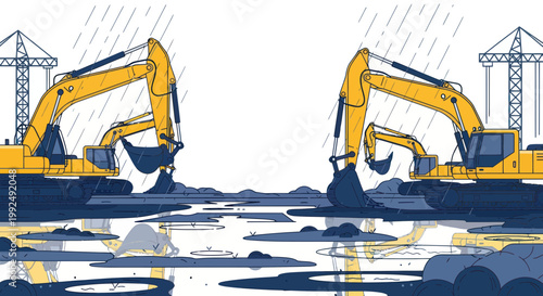 Heavy Construction Machinery on Rainy Construction Site with Puddles and Cranes