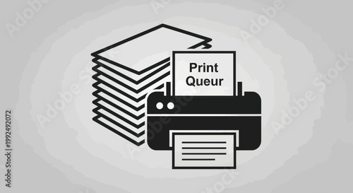 Print queue icon with stack of paper and printer, document processing concept