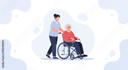 Nurse Pushing Elderly Woman in Wheelchair with Care and Support