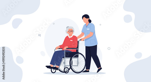 Nurse pushing elderly woman in wheelchair, healthcare assistance, medical care, senior living