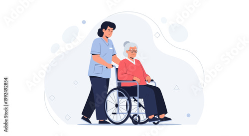 Nurse pushing elderly woman in wheelchair, healthcare, assistance, senior care, medical support
