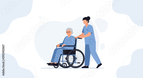 Nurse pushing elderly woman in wheelchair, healthcare, medical assistance, senior care, illustration