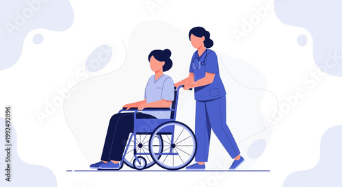 Nurse pushing patient in wheelchair, healthcare assistance, medical care, support, disability