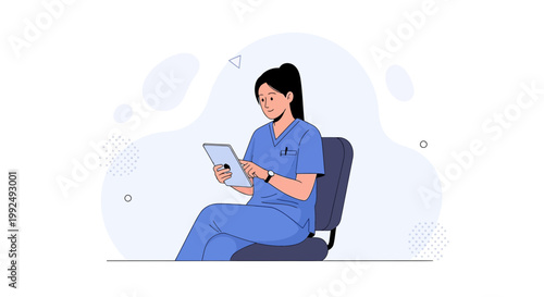 Nurse Sitting in Chair Using Digital Tablet, Healthcare Professional Working on Device