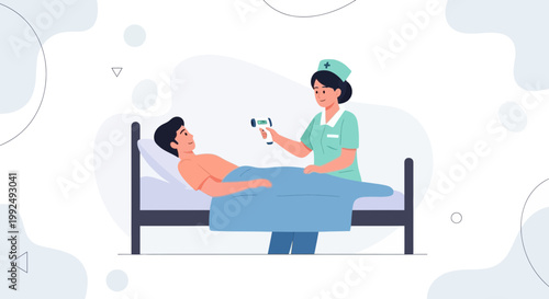 Nurse taking patient's temperature with infrared thermometer in hospital bed