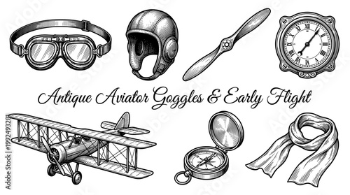 Vintage Aviation Icons Set with Biplane, Pilot Helmet, Antique Goggles, Compass, and Propeller. Hand Drawn Retro Flight Vector Illustration in Engraving Style.