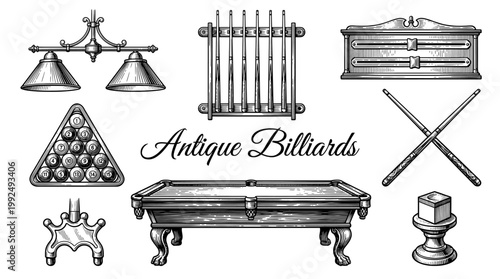 Vintage Antique Billiards Equipment Set Illustration with Pool Table, Cues, Balls, and Accessories in Engraved Style