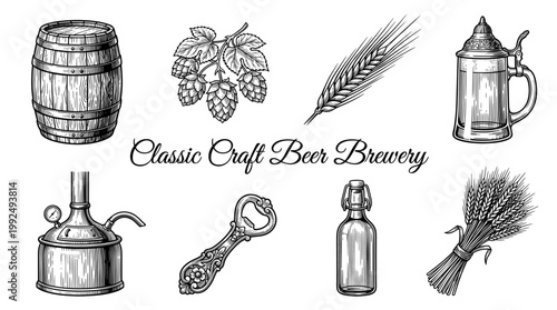 Classic Craft Beer Brewery Vintage Engraved Vector Illustration Set - Hop, Barley, Barrel, Mug, Bottle, and Brewing Equipment Elements for Pub, Bar, and Brewery Design