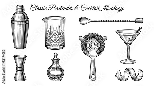 Vintage Engraving Style Bartender and Cocktail Mixology Tools Set, Hand Drawn Vector Illustration of Bar Equipment Shaker Strainer Jigger and Glassware
