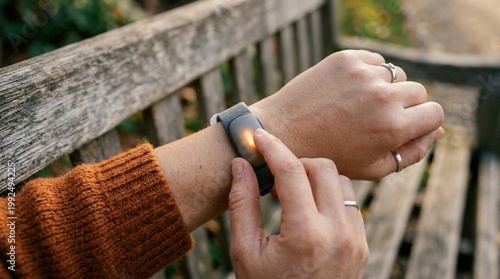 Woman wearing smartwatch on wrist.