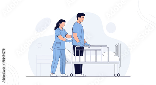 Nurse assisting patient to walk with walker next to hospital bed, rehabilitation concept