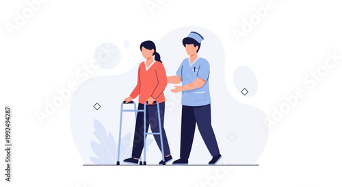 Nurse assisting patient with walker, rehabilitation, healthcare concept