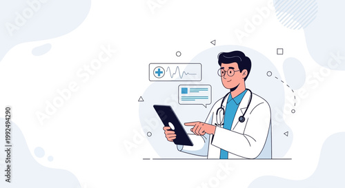 Doctor using tablet with medical data and heartbeat graph, telemedicine concept