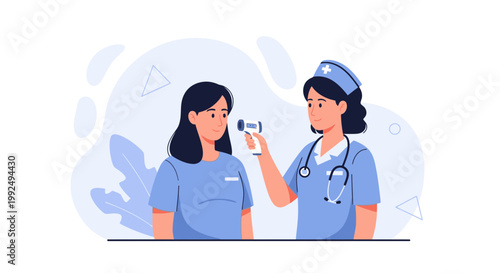 Nurse checking patient's temperature with infrared thermometer, healthcare concept