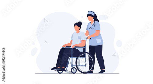 Nurse pushing patient in wheelchair, healthcare, medical assistance, hospital, caregiving