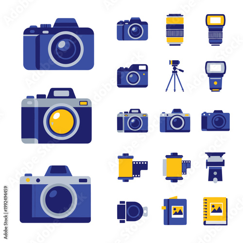 Modern Camera Icons Set: DSLRs, Lenses, Flashes, Tripods, Film Rolls