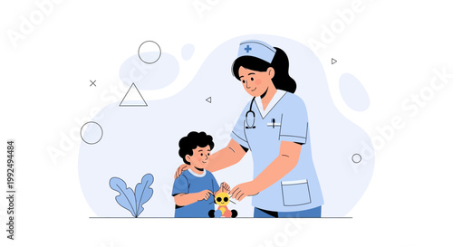 Nurse comforting child with toy, pediatric care illustration