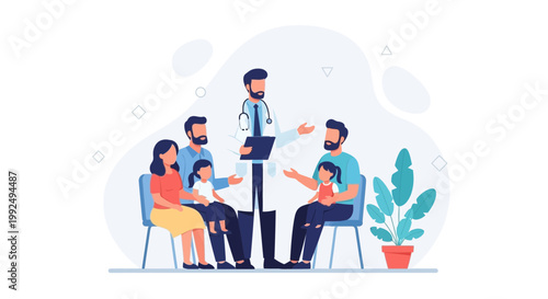 Doctor Consulting Two Families with Children in Clinic Waiting Room