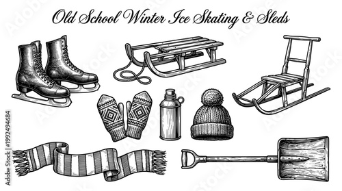 Vintage Winter Sports and Gear Vector Illustration Set with Sleds, Ice Skates, and Warm Clothes in Engraving Style