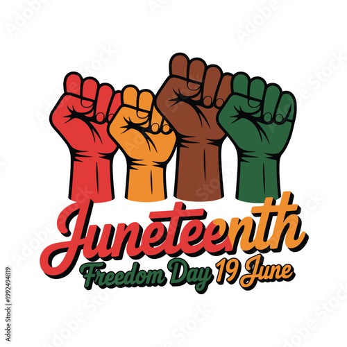 Juneteenth commemoration features four diverse human fists raised in unity to celebrate freedom and civil rights.