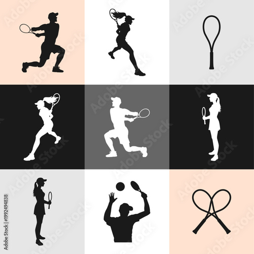 tennis player vector logo design collection, tennis player, tennis sport, tennis player illustration, style, movement, competition, sport, illustration, design, ball, icon, player, tournament, competi