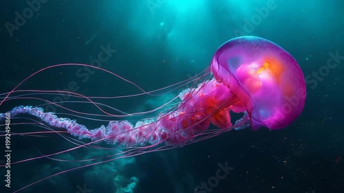 深海の粒子に舞うクラゲのダイナミックな対角運動（人物なし）