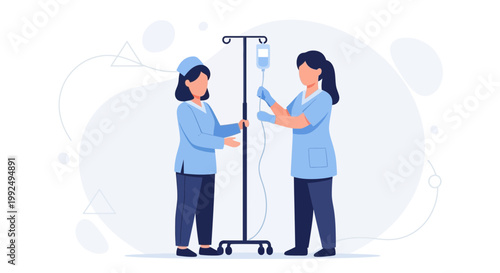 Nurses Administering IV Drip: Medical Care and Healthcare Illustration