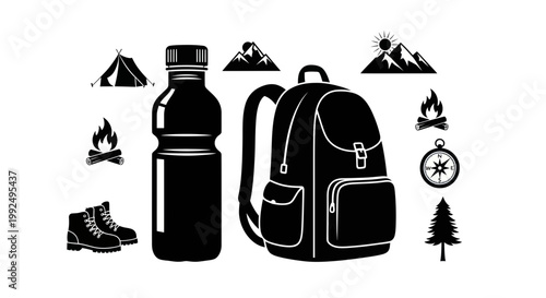 Camping Gear Icons: Backpack, Tent, Boots, Water Bottle, Compass, Fire