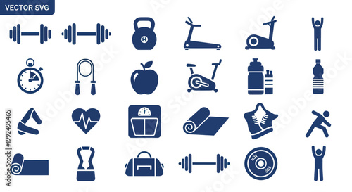 Fitness Icons Set: Health, Workout, Gym Equipment, Exercise, Sport & Healthy Lifestyle