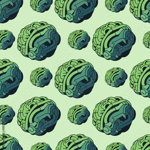 Seamless pattern of stylized green brains with intricate details on a light green background, representing intelligence and neuroscience