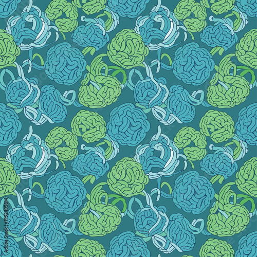 Seamless pattern of stylized brains in blue and green, representing science, technology, and abstract concepts.